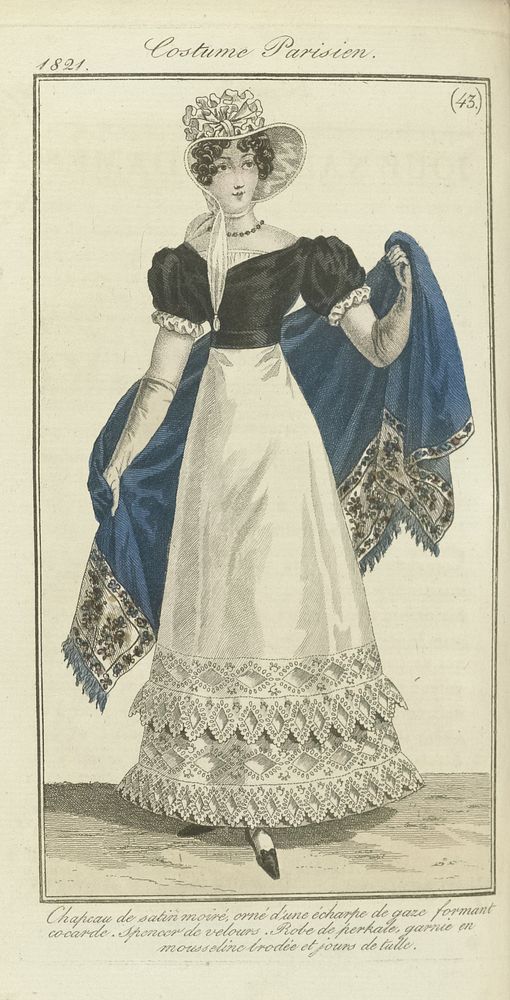 Journal des Dames et des Modes, editie Frankfurt 21 octobre 1821, Costume Parisien (43) : Chapeau de satin moiré (...)…