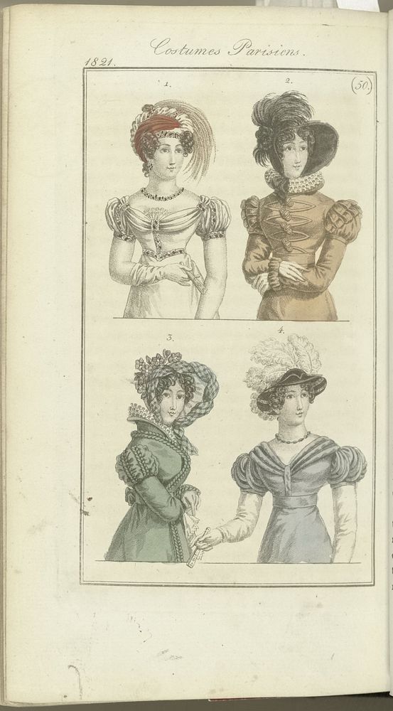 Journal des Dames et des Modes, editie Frankfurt 9 decembre 1821, Costumes Parisiens (50) (1821) by anonymous and J P Lemaire