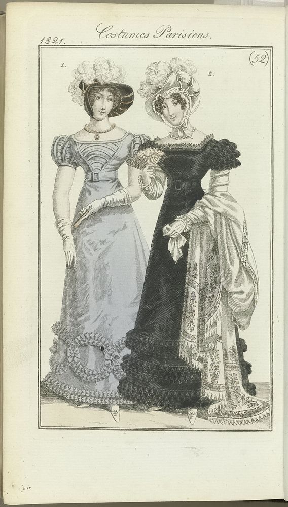 Journal des Dames et des Modes, editie Frankfurt 23 decembre 1821, Costumes Parisiens (52) (1821) by anonymous and J P…