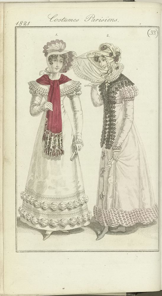 Journal des Dames et des Modes, editie Frankfurt 12 aout 1821, Costumes Parisiens (33) (1821) by anonymous and J P Lemaire