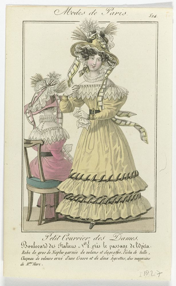 Petit Courrier des Dames, Modes de Paris, 1827, No. 514 : Robe de gros de Naples (...) (1827) by anonymous and Dupré uitgever