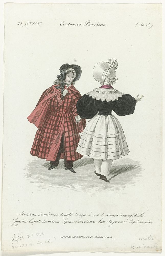 Journal des Dames et des Modes, Costumes Parisiens, 25 septembre 1832, (3034) : Manteau de mérinos (...) (1832) by anonymous