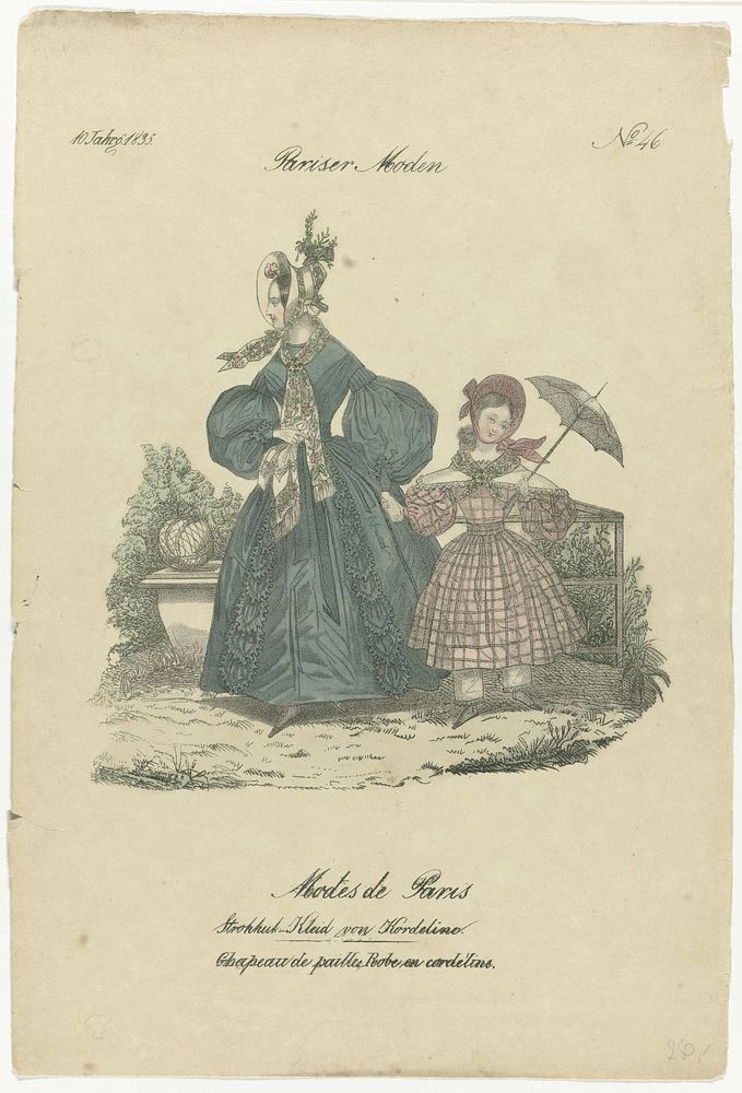 Pariser Moden, Modes de Paris, 1835, No. 46 : Strohhut Kleid (...) (1835) by anonymous