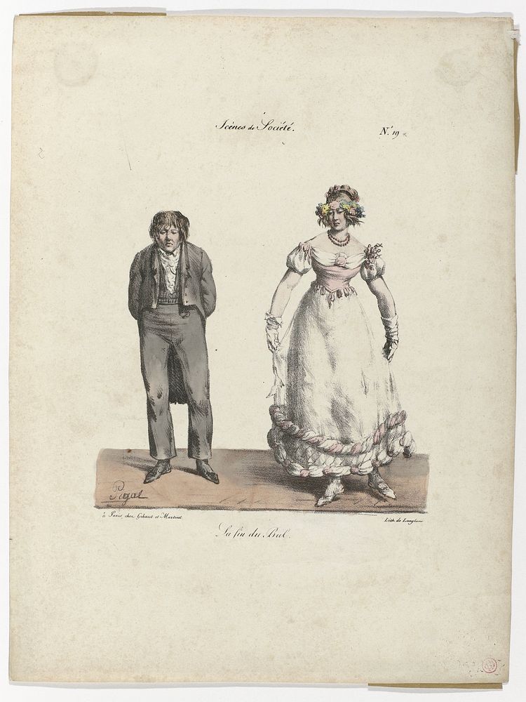 Man en vrouw aan het einde van een bal (1823) by Edme Jean Pigal, Pierre Langlumé and Gihaut et Martinet