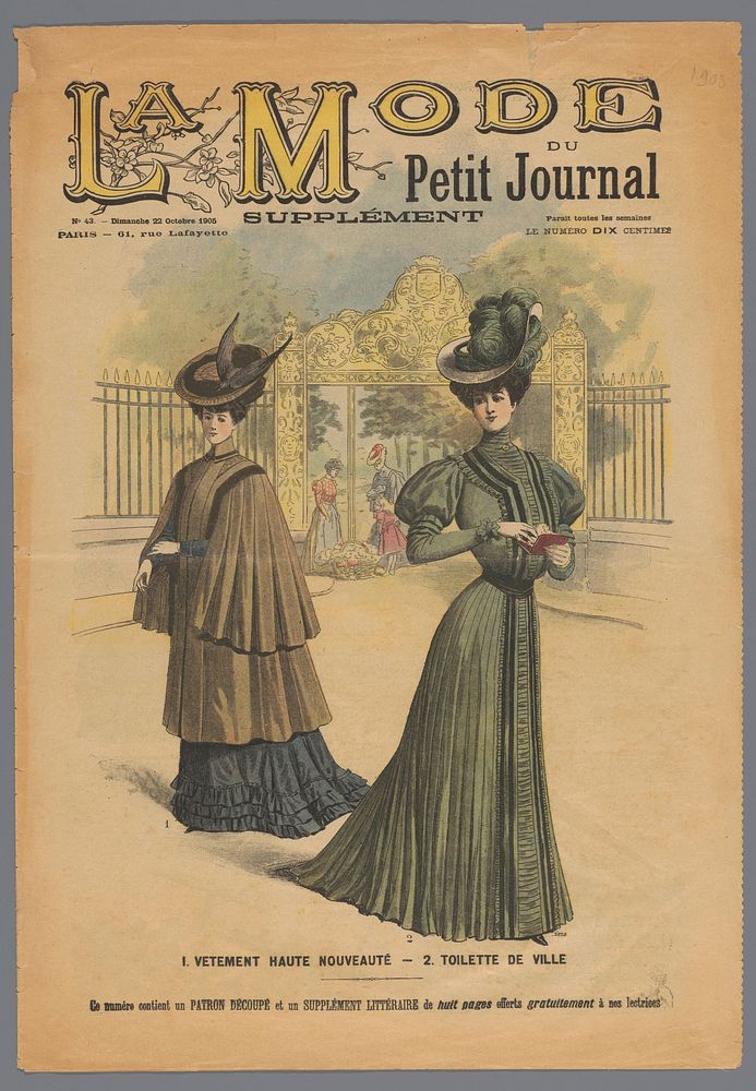 La Mode du Petit Journal: supplement, Nr. 43. - Dimanche 22 Octobre  1905:-12. Costume tailleur en drap oliv (...) (1905) by…