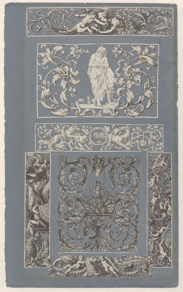 Collage van uitgeknipte prenten geplakt op albumblad van blauw papier (1690 - 1720) by anonymous and Mariette
