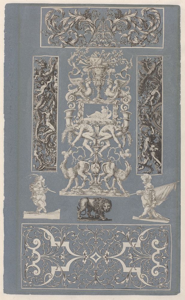 Collage van uitgeknipte prenten geplakt op albumblad van blauw papier (1690 - 1720) by Matthäus Merian, Antonio Tempesta and…