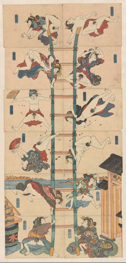 Serie van twaalf koban Shunga met prostituées in de rol van acrobatische brandweerlieden (c. 1830 - c. 1835) by Utagawa…