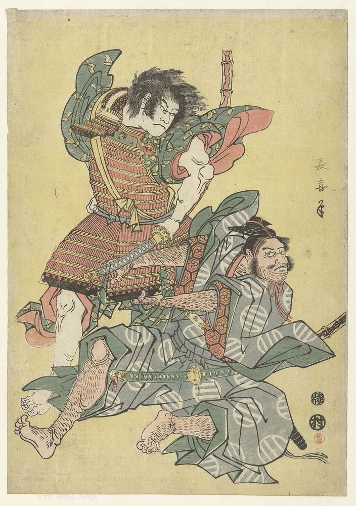 Asahina no Saburo in gevecht met Soga no Goro (in or after 1791 - in or before c. 1810) by Eishôsai Chôki and Murata Heiemon