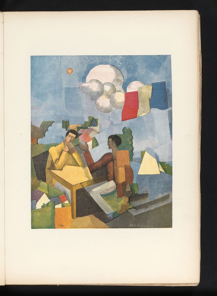 Twee mannen aan tafel in de open lucht (1921) by Jules Germain, Roger de la Fresnaye, Coulouma and Éditions de la nouvelle…