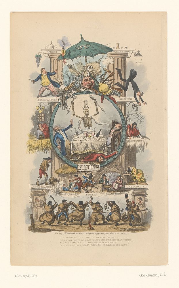 Dood als skelet richt pijlen op twee mannen aan een gedekte tafel (1830) by Robert Isaac Cruikshank, Robert Isaac Cruikshank…