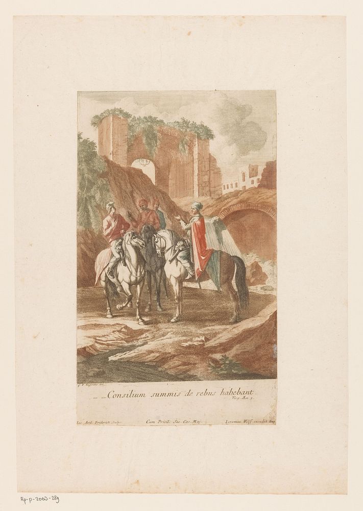 Nachtelijk overleg van aanvoerders (1694 - 1724) by Jacob Andreas Fridrich I, Georg Philipp Rugendas I and Jeremias Wolf