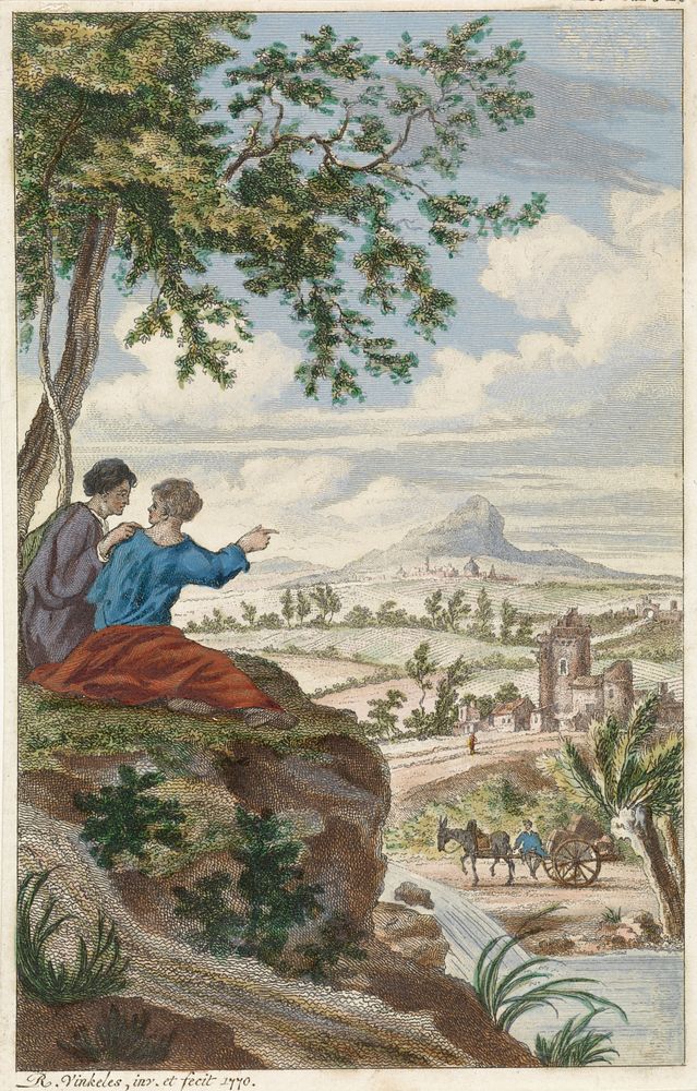 Figuren kijken uit over een landschap (1770) by Reinier Vinkeles I