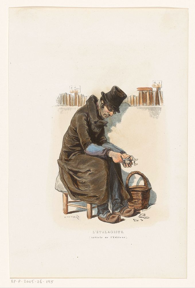 Boekhandelaar schilt een appel voor zijn kraam (1841) by Lucien Xavier Stypulkowski, Paul Gavarni and Léon Curmer