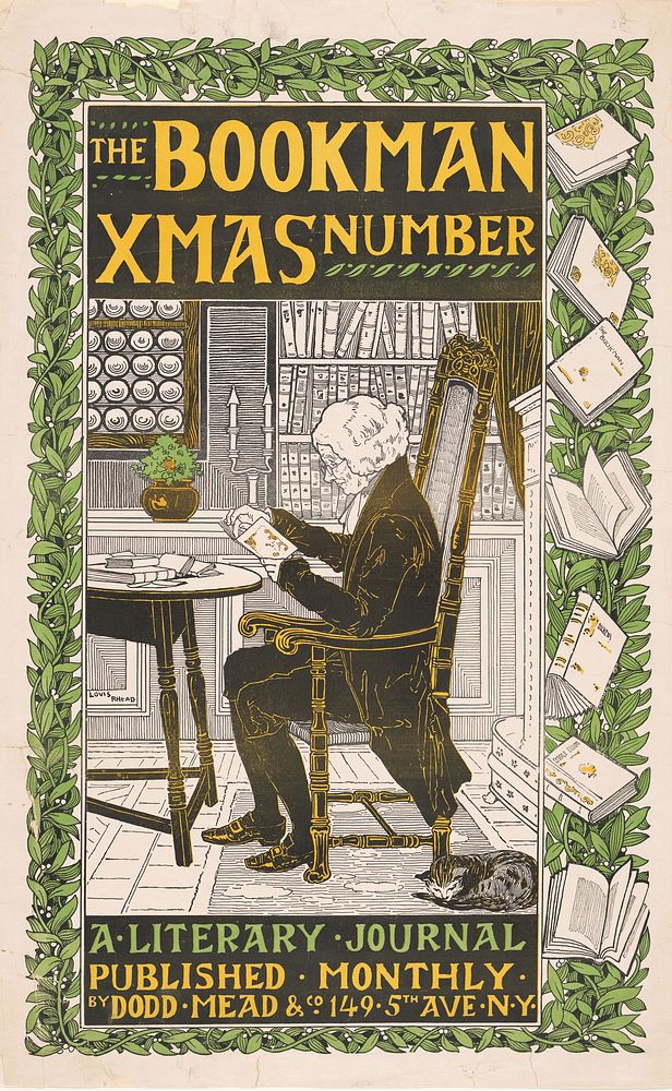 Reclamebiljet voor een kerstnummer van het tijdschrift The Bookman (1895 - 1918) by anonymous, Louis John Rhead and Mead and…