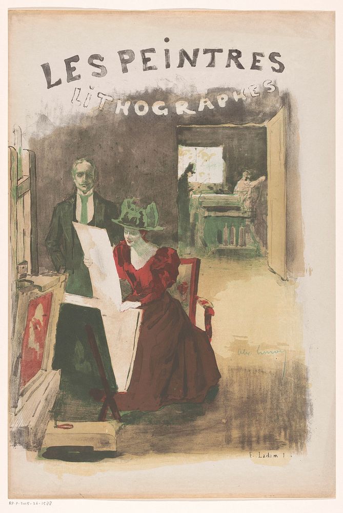 Man en een vrouw bekijken prenten, een drukkerij in de achtergrond (1892) by Alexandre Lunois and E Ladam