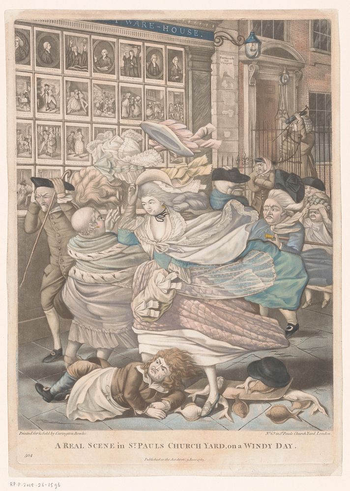 Voorbijgangers verrast door een windvlaag voor de etalage van Carington Bowles te Londen (1783) by anonymous, Robert Dighton…