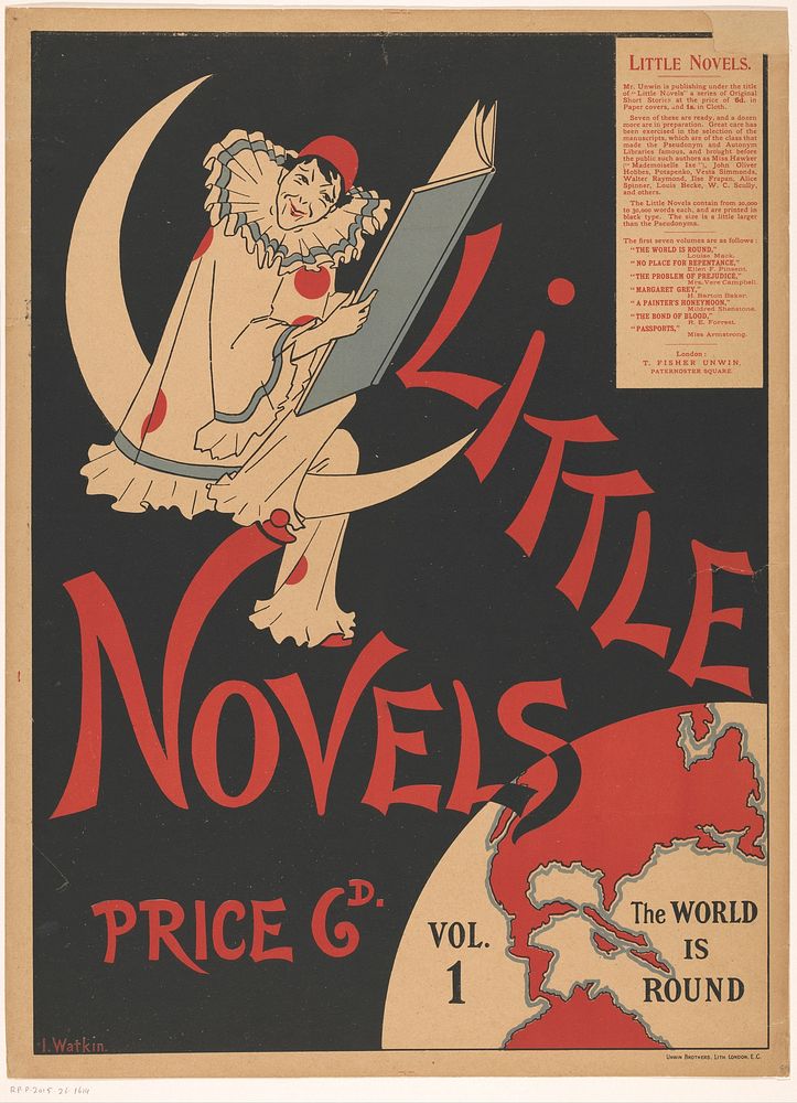 Reclamebiljet voor de serie Little Novels (c. 1897) by anonymous, Isabel Watkin and Unwin Brothers