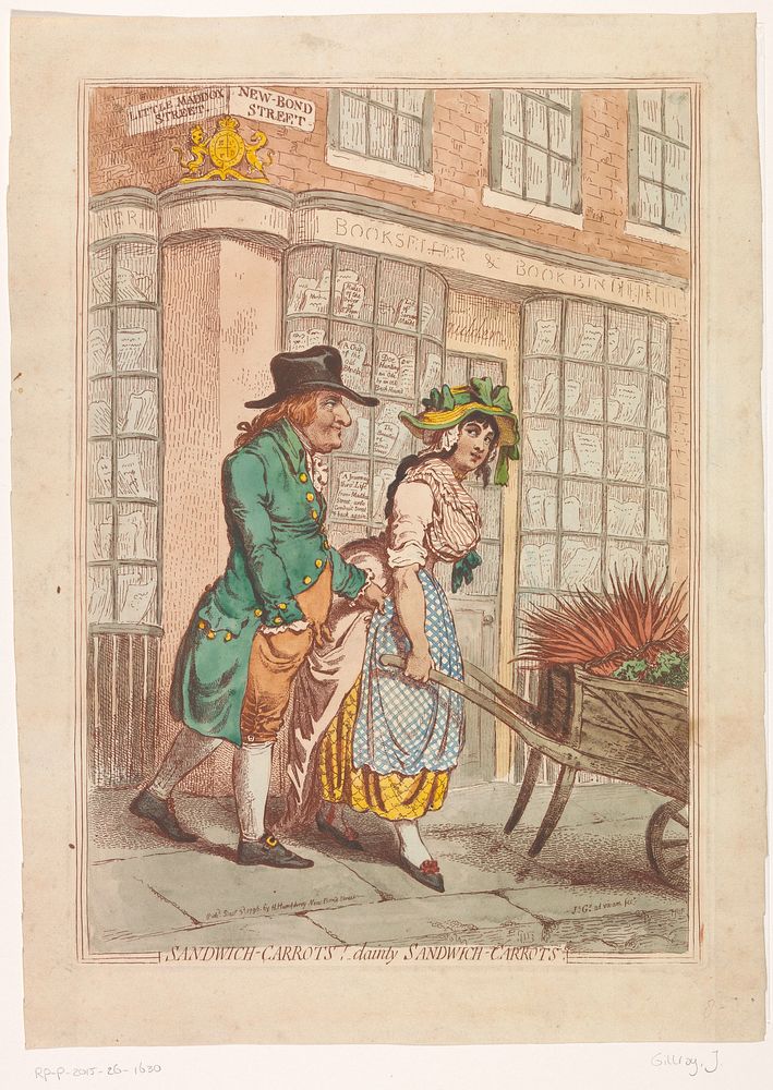 Vrouw met een kruiwagen met wortels voor de etalage van boekhandelaar Robert Faulder te Londen (1796) by James Gillray and…