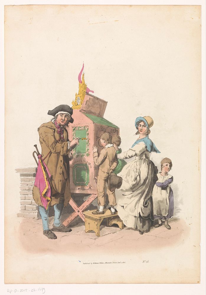 Vrouw en drie kinderen voor een kijkkast (1805) by anonymous and William Miller