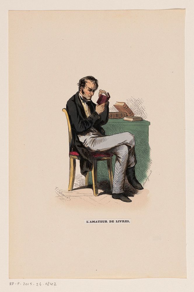 Lezende man op een stoel voor een tafel met boeken (1841) by Emile Montigneul, Tony Johannot and Léon Curmer