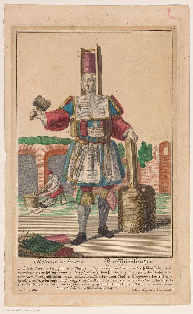 Man met een kostuum van boekbindersgereedschap (1708 - 1756) by anonymous, Martin Engelbrecht and Keizerlijk hof