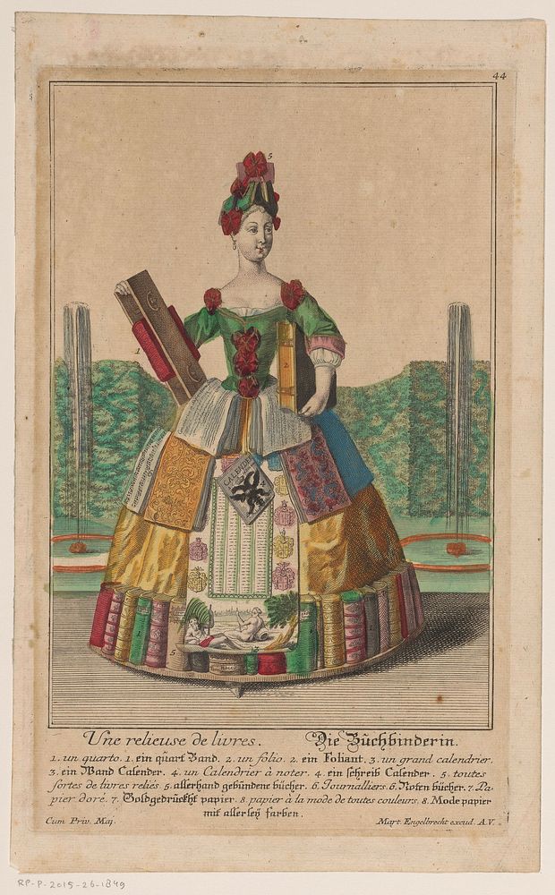 Vrouw met een kostuum van boeken (1708 - 1756) by anonymous, Martin Engelbrecht and Keizerlijk hof