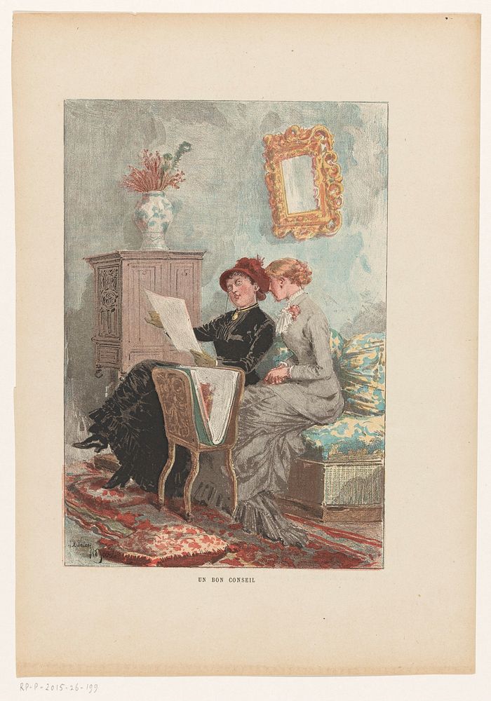 Interieur met twee vrouwen die prenten of tekeningen bekijken (1881) by Gillot, Adrien Emmanuel Marie, Lahure and Ludovic…