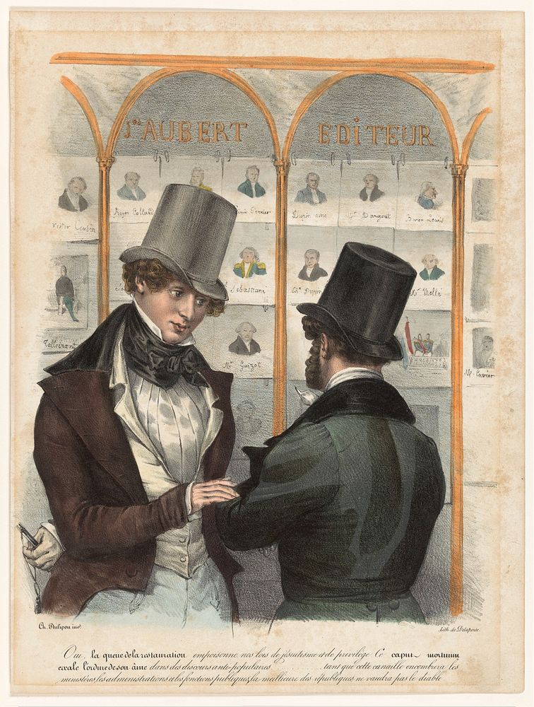 Twee mannen voor de etalage van uitgever Aubert te Parijs (1831) by anonymous, Charles Philipon, Delaporte and Aubert and Cie
