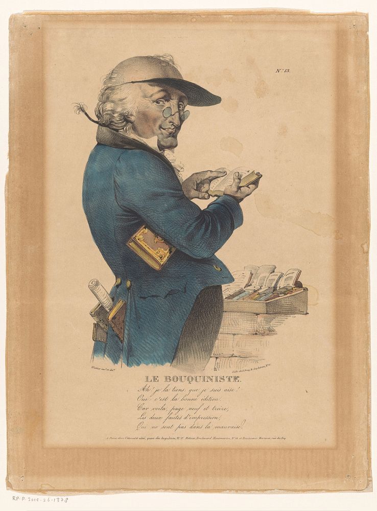 Man bekijkt een boek voor een boekenkraam (c. 1828) by Émile Wattier, Émile Wattier, Georges Jean Frey, Jean Fréderic…