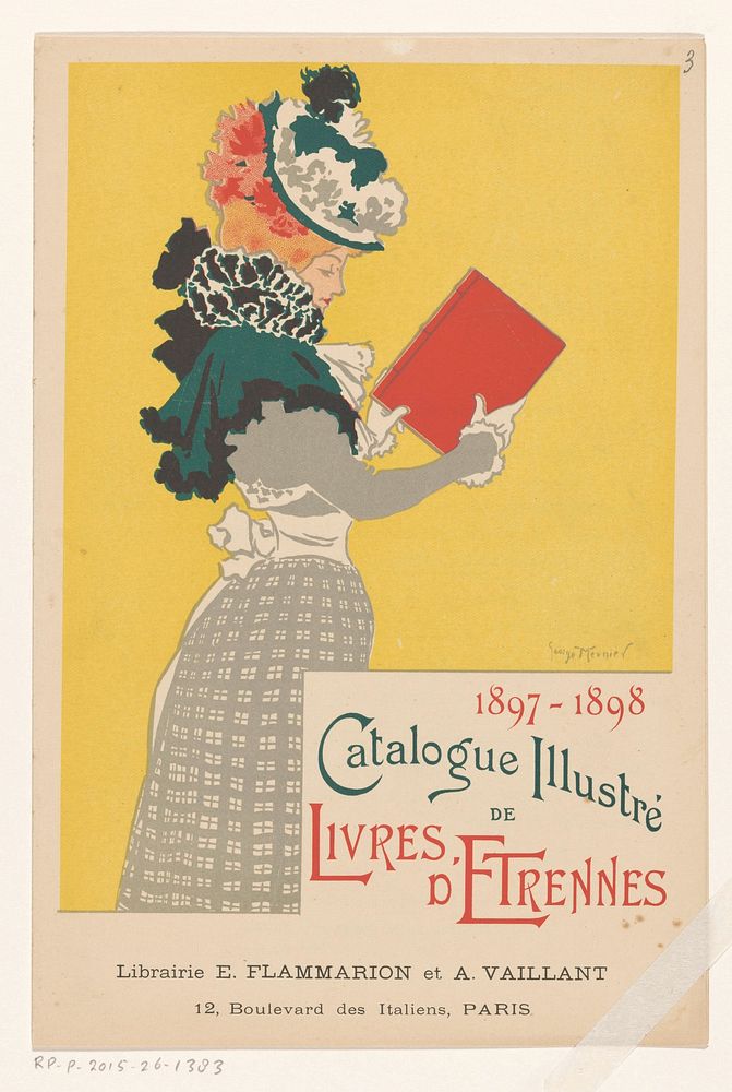Vrouw bekijkt de rug van een boek (in or before 1897) by anonymous, Joseph Henri Georges Meunier and Librairie E Flammarion…