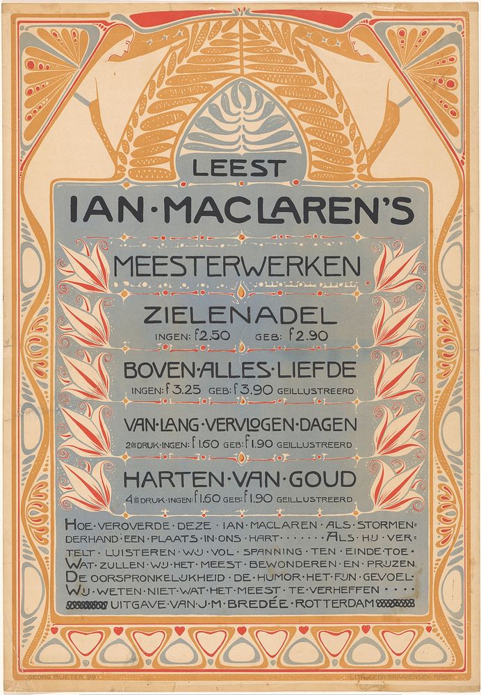 Affiche voor werken van Ian Maclaren uitgegeven door J.M. Bredée te Rotterdam (1899) by Georg Rueter and Gebroeders…