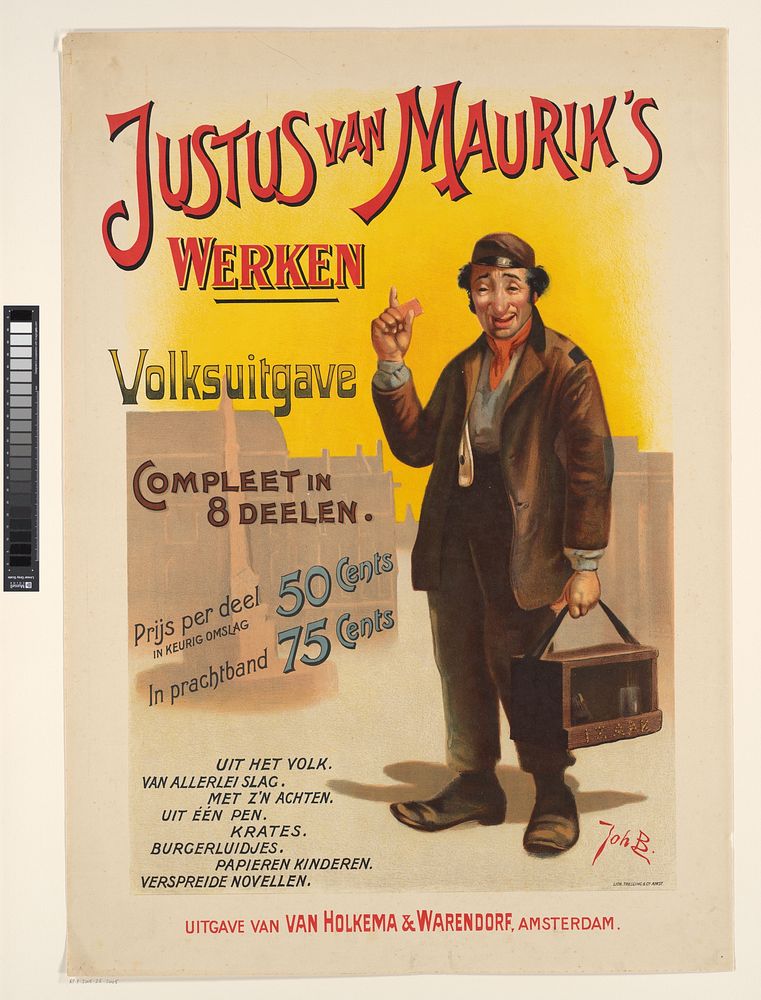 Affiche voor het verzameld werk van Justus van Maurik (c. 1890 - c. 1900) by Johan Braakensiek, Tresling and Comp and Van…