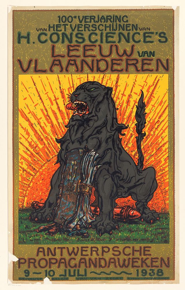 Affiche ter gelegenheid van het honderdjarig jubilieum van de publicatie van De Leeuw van Vlaanderen door Henri Conscience…
