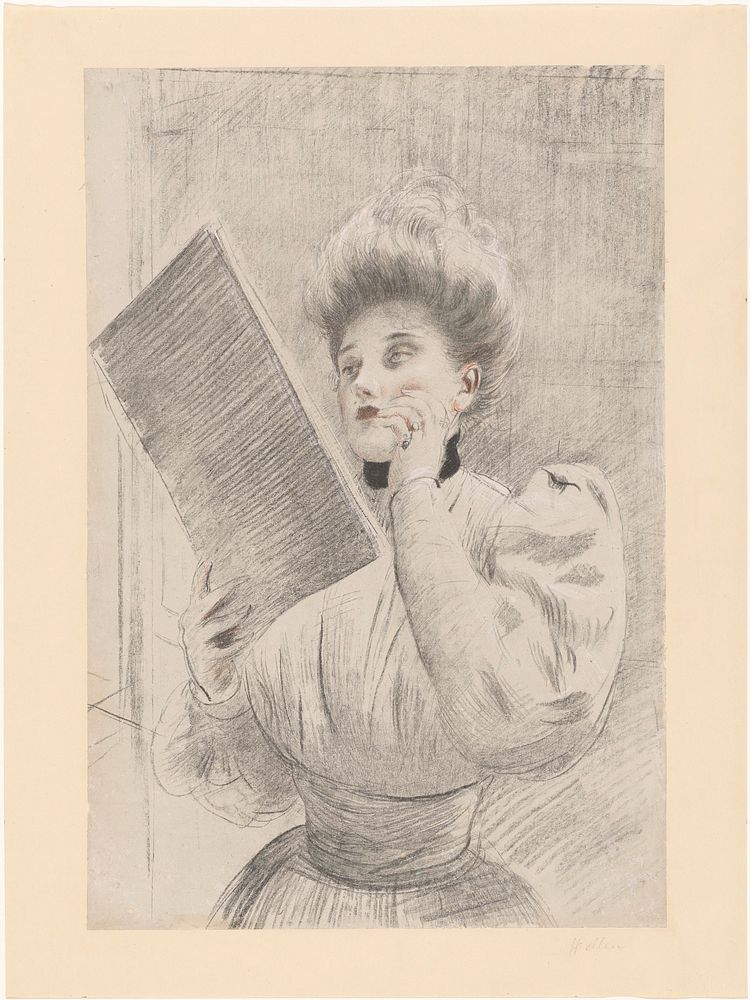 Vrouw kijkend naar een prent (1869 - 1927) by Paul César Helleu