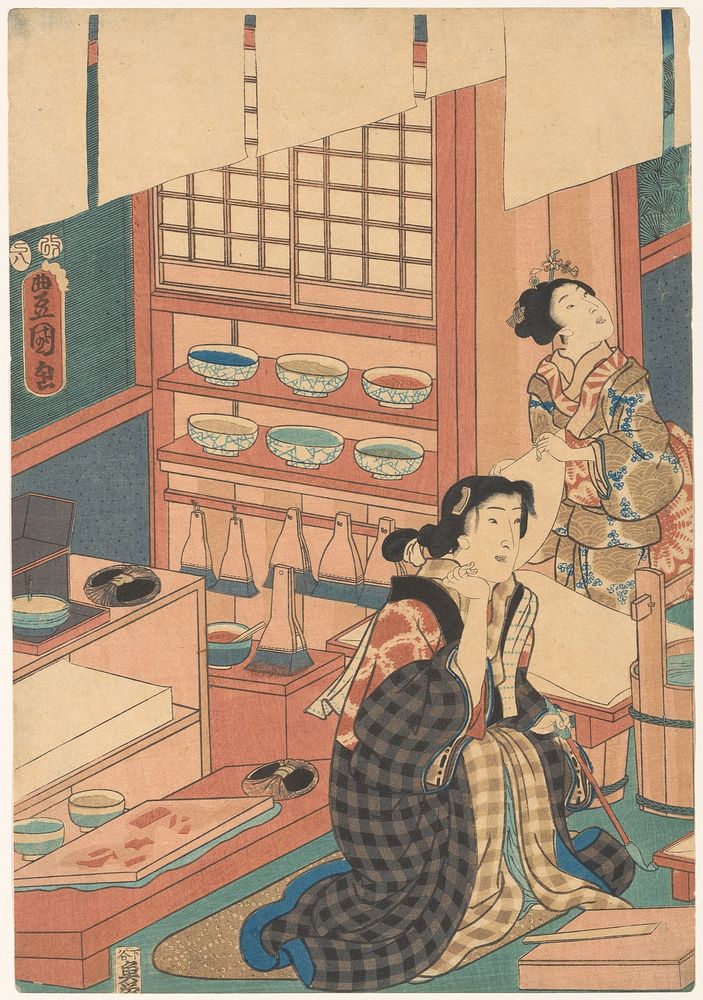 Vrouwen maken prenten (linkerdeel) (1796 - 1865) by Utagawa Kunisada I
