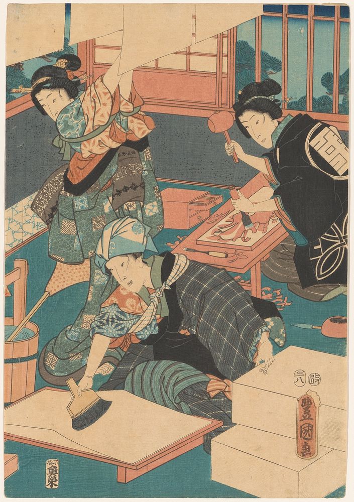 Vrouwen maken prenten (middendeel) (1796 - 1865) by Utagawa Kunisada I