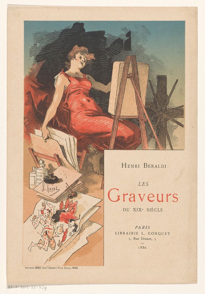 Vrouw omringd door gereedschappen en materialen van een prentmaker (1886) by Jules Chéret, Jules Chéret, Edmond Chaix and…