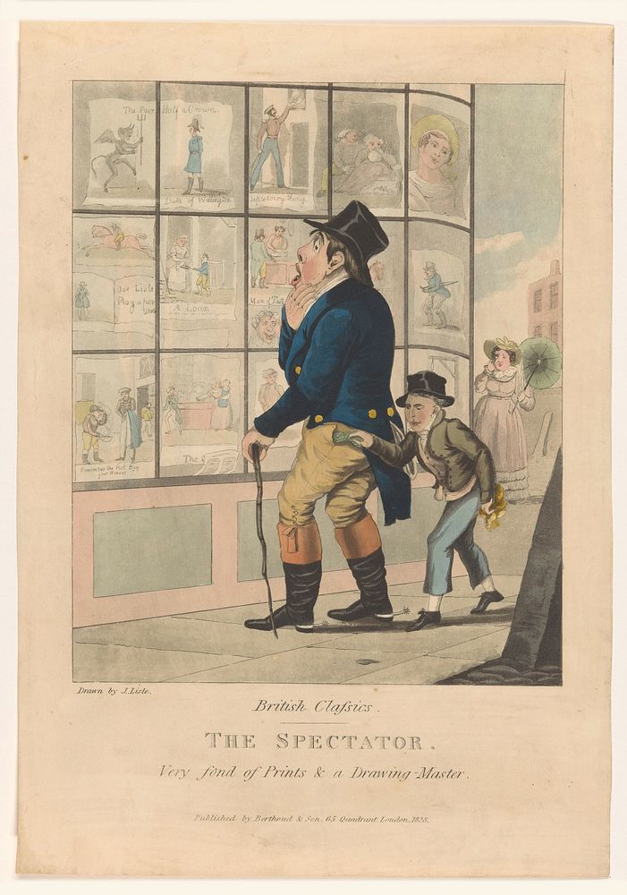 Man voor een etalage met prenten (1828) by anonymous, Joseph Lisle and Berthoud and Son