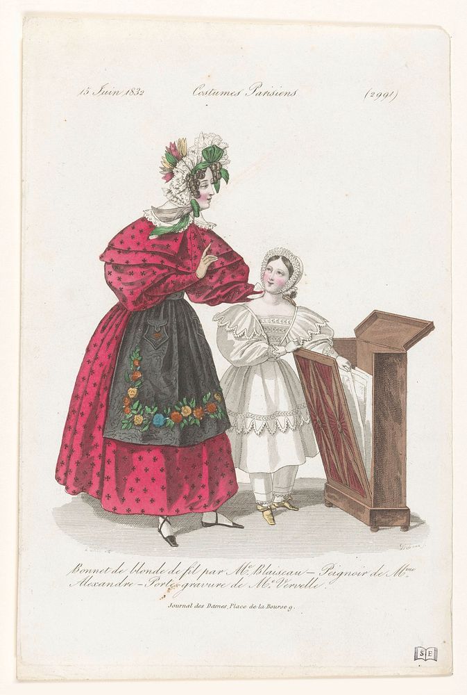 Een vrouw en een meisje naast een meubel met prenten (1832) by August Delvaux, Louis Marie Lanté, Alfred Xavier du Fougerais…