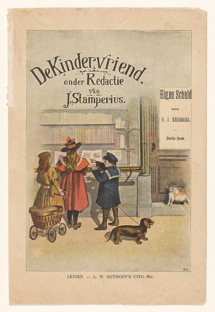 Drie kinderen voor de etalage van een boekwinkel (c. 1910) by anonymous, Cornelis Jetses and Albertus Willem Sijthoff