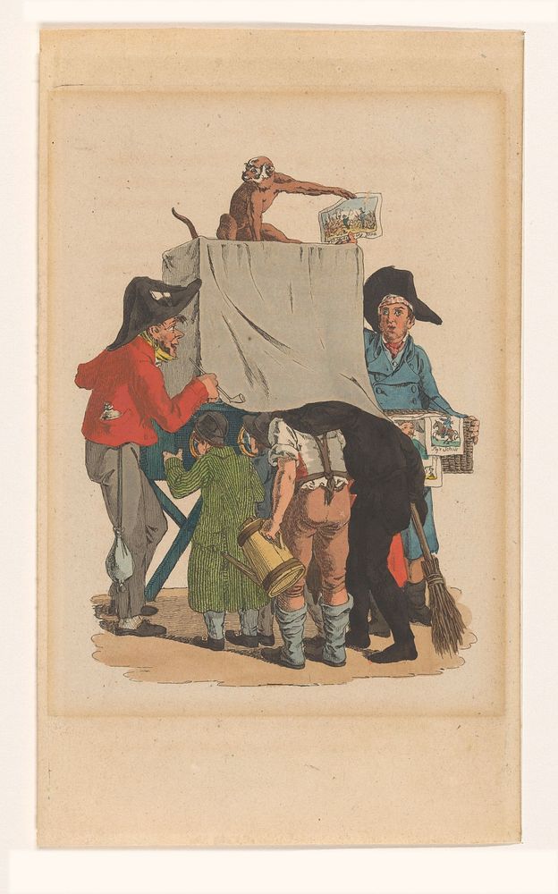 Figuren rond een kijkkast met een aap (1808) by anonymous