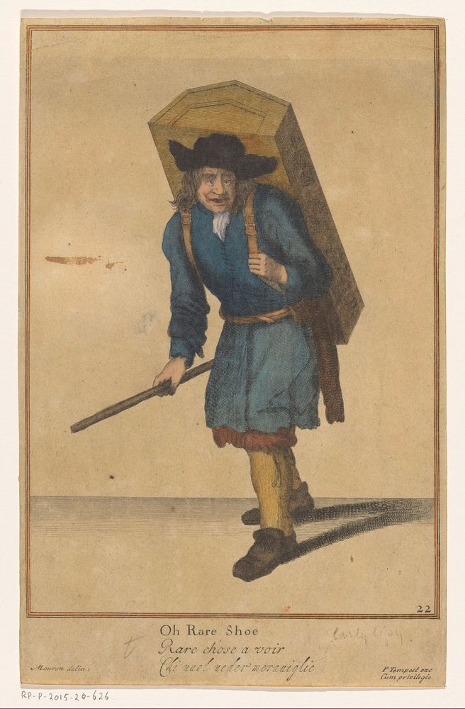Man met een kijkkast op zijn rug (1688) by anonymous, Marcellus Laroon I, Pierce Tempest, Henry Overton I and anonymous