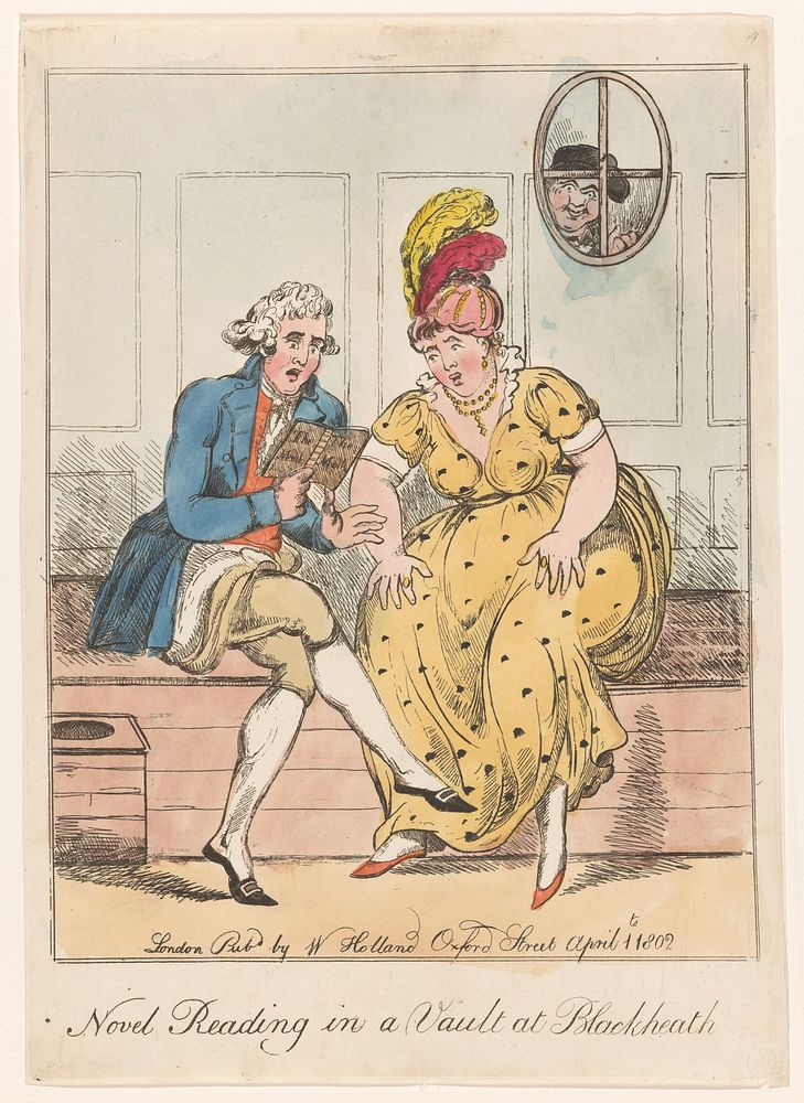 Man leest een vrouw voor in een toilet (1802) by anonymous and William Holland