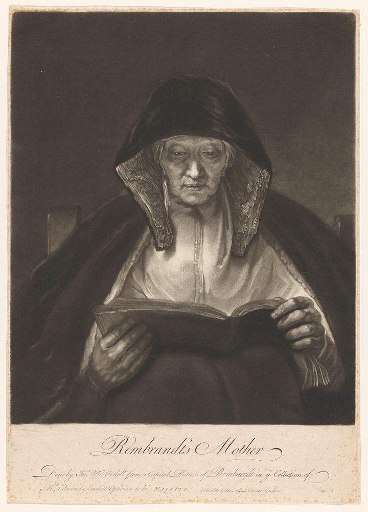 Portret van een oude lezende vrouw (1738 - 1765) by James McArdell and Rembrandt van Rijn
