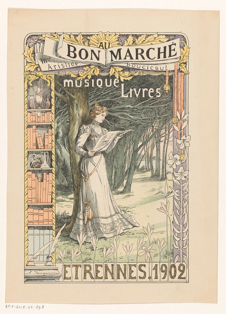 Vrouw lezend in een tijdschrift, staand onder een boom (1902) by anonymous and Adolphe Faugeron