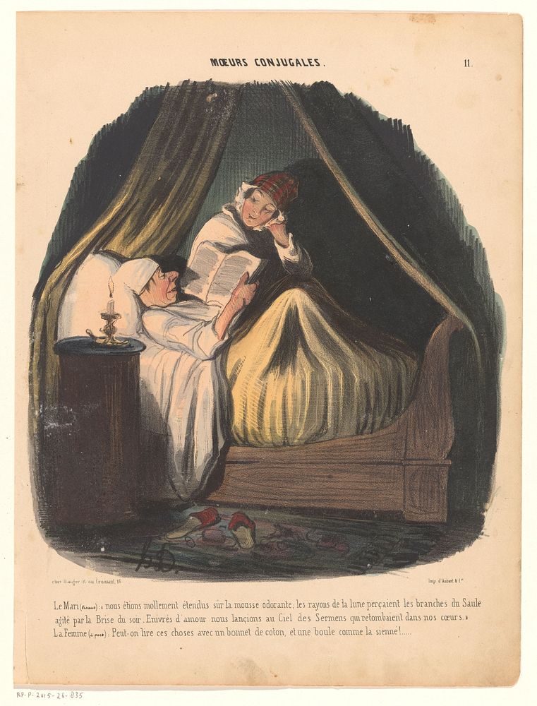 Lezende man in bed met naast zich zijn vrouw (1839) by Honoré Daumier, Aubert and Cie and Bauger