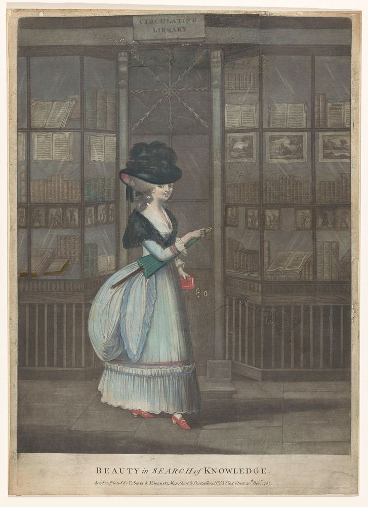 Vrouw voor de ingang van een leenbibliotheek (1782) by anonymous, John Raphael Smith and Robert and John Bennett Sayer