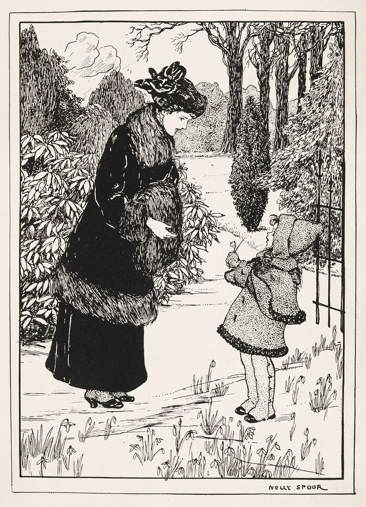 Meisje biedt een vrouw een sneeuwklokje aan (1916) by anonymous and Nelly Spoor