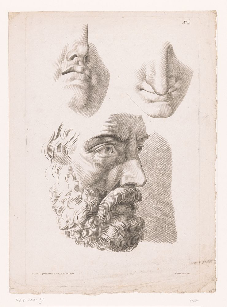 Verschillende aanzichten van een mannenhoofd waaronder één met baard (1784 - 1826) by Petit graveur, Jean Jacques François…
